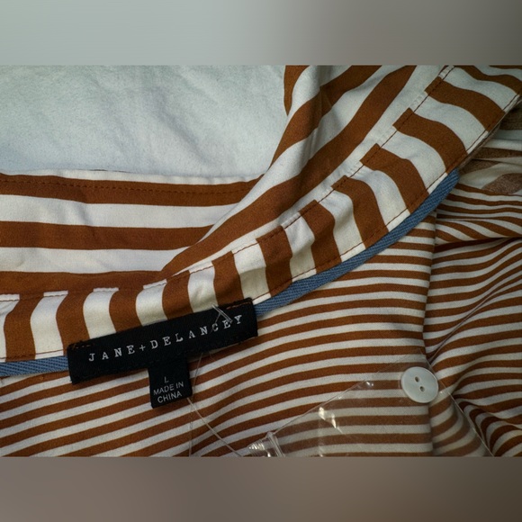 NWT Jane + Delancey Brown & White Striped Button-Up Shirt Slit Back | Large - Picture 3 of 9